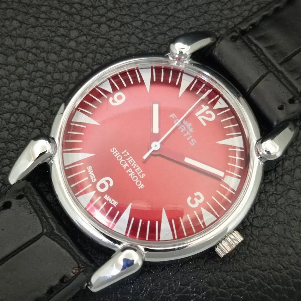 Vintage 1974 Fortis Manual Mens Silver Watch W/Leather Strap & Red accents